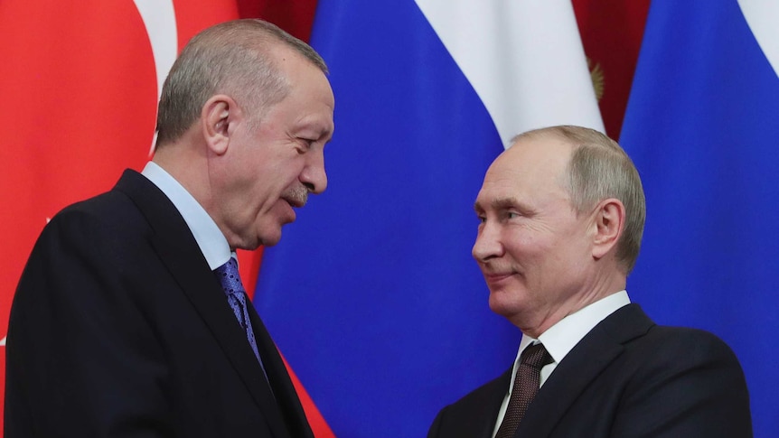 Russia's President Vladimir Putin and Turkish President Recep Tayyip Erdogan shake hands