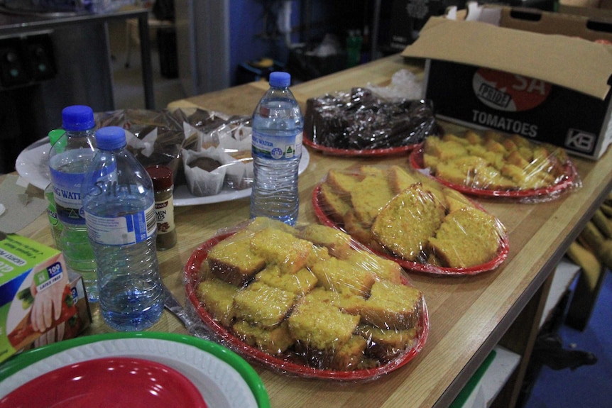 Food and water bottles on a table