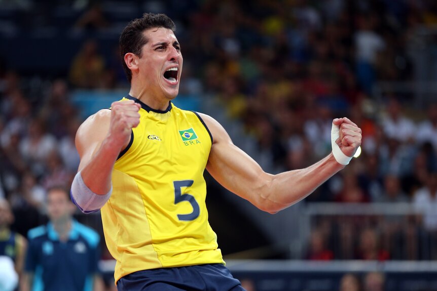 Brazilian volleyballer Sidnei Dos Santos Junior gets fired in the gold medal volleyball match.