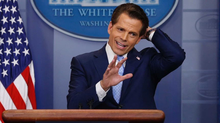 White House Communications Director Anthony Scaramucci gestures during a press conference