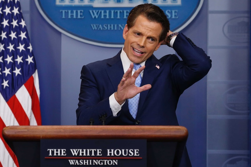 White House Communications Director Anthony Scaramucci gestures during a press conference