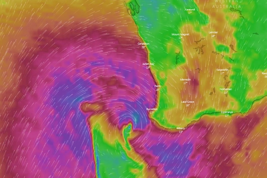 A weather graph shows a storm coming towards WA