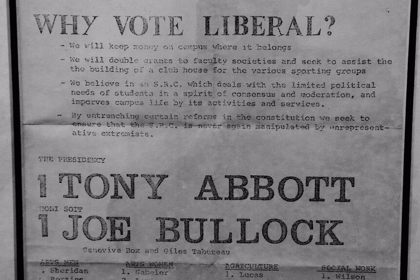 Black and white, old style poster, with the words "1 TONY ABOTT". and "1 JOE BULLOCK"