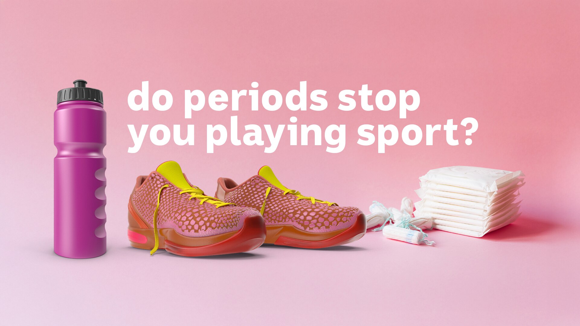 Sports water bottle, running sneakers, tampons and pads.