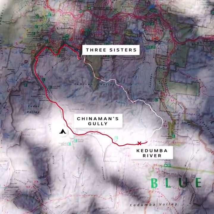 Map of Blue Mountains with labels Three Sisters, Chinaman's Gully campground, Kedumba River.