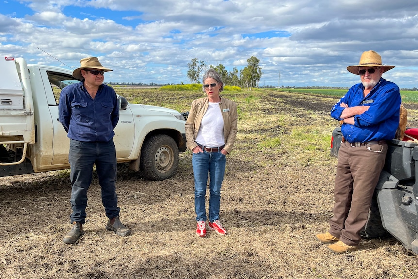 Farmers Russell Bennie and Doug Brown with Toowoomba Councillor Megan O'Hara Sullivan near Springvale Queensland, October 2022.