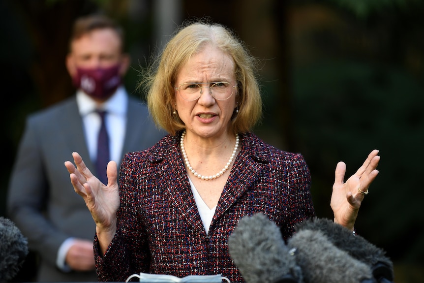 Dr Jeannette Young speaks at a media conference at Parliament House in Brisbane