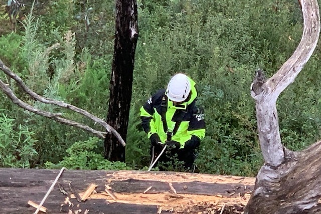 A search and rescue member scales down a steep hill.