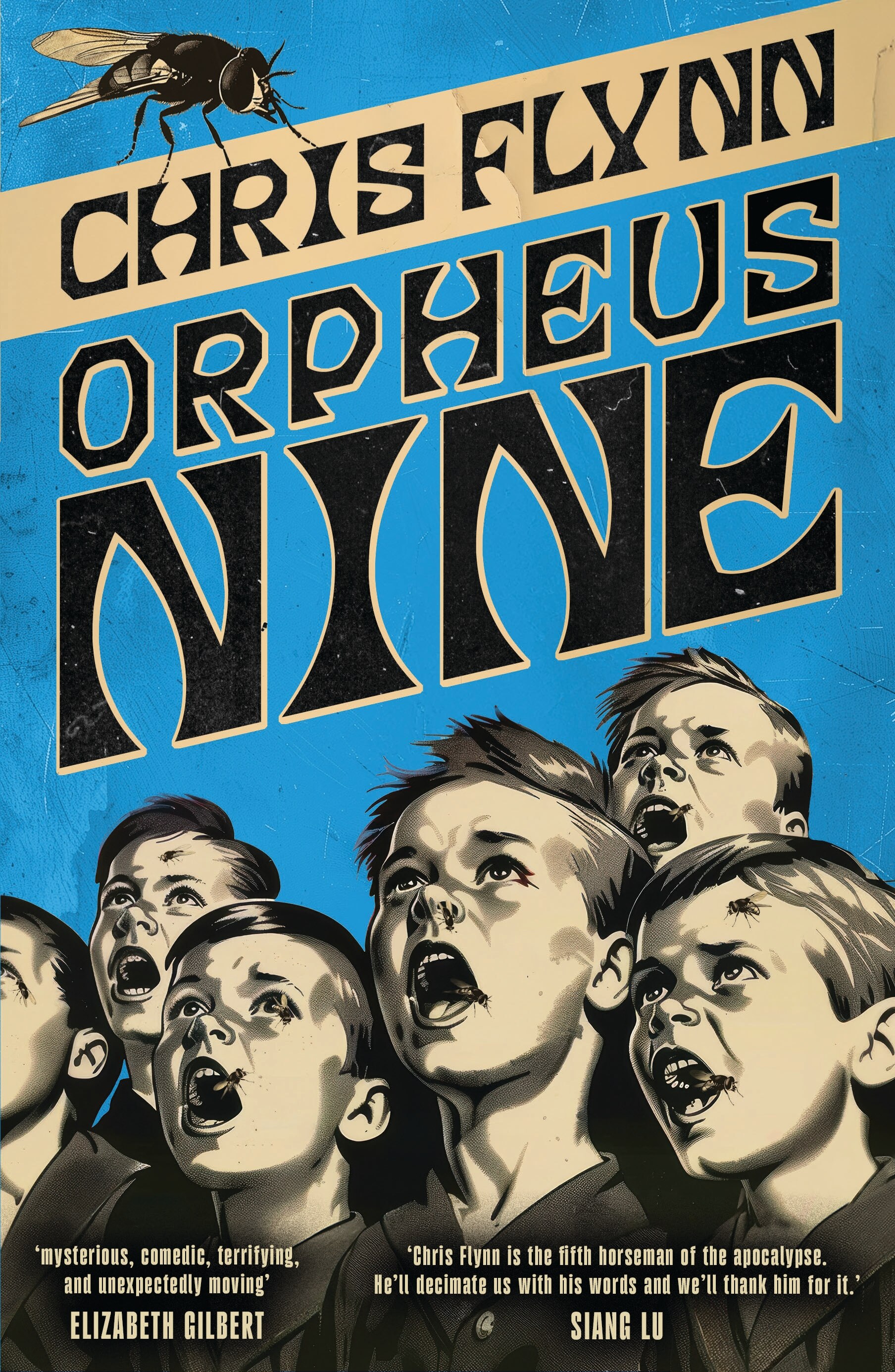 A book cover with a blue background showing an illustration of children singing with upturned faces, a fly hovering above