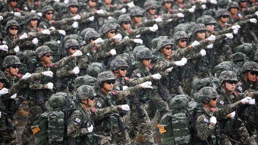 South Korean troops marching. 