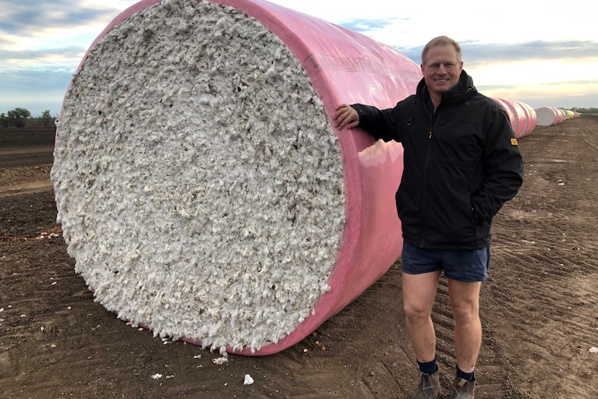 A farmer stands next to a bale of cotton at his property.