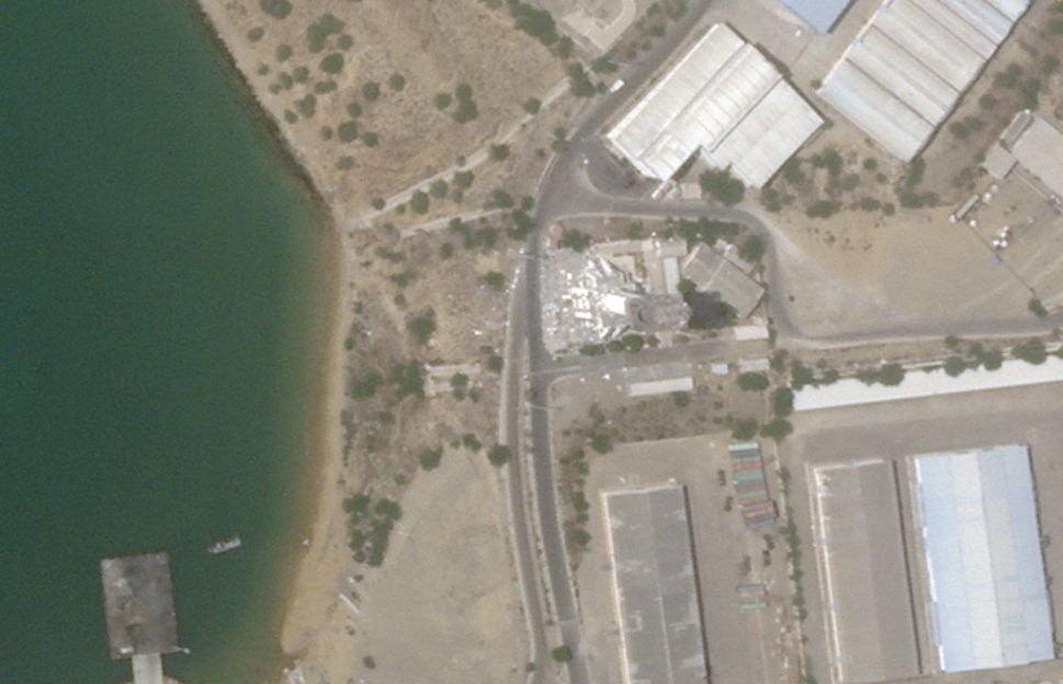 A satellite image shows damage at the control tower in the port of Chabahar