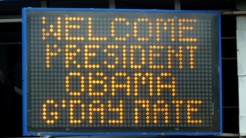 A local Darwin business welcomes US president Barack Obama.