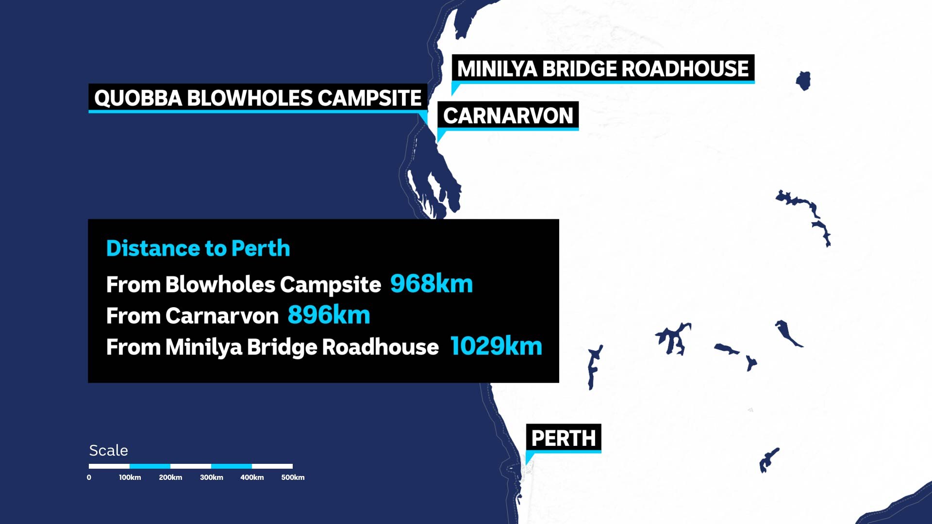 A map showing where the Blowholes campsite is in relation to Perth and Carnarvon