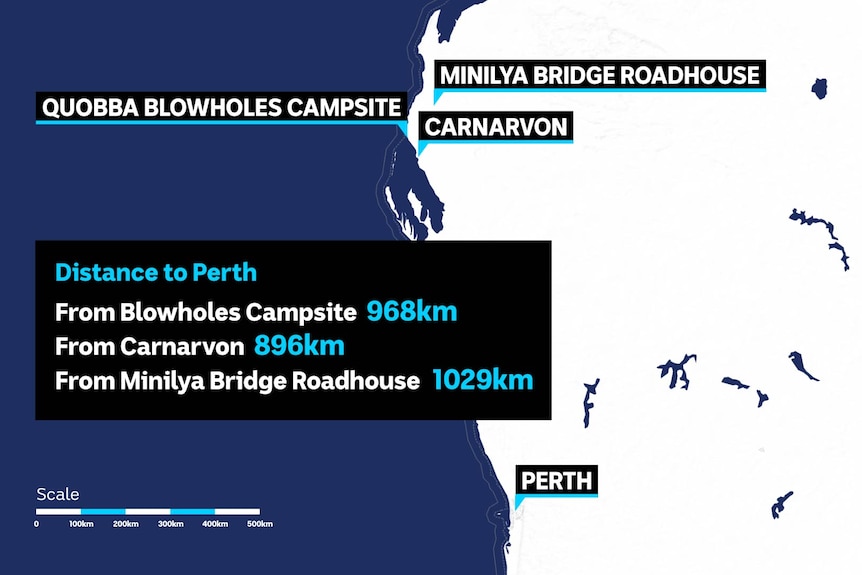 A map showing where the Blowholes campsite is in relation to Perth and Carnarvon