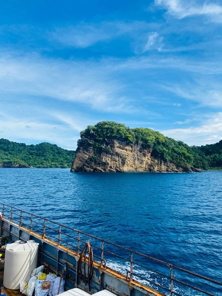 An image in portrait of an island viewed from across the water.