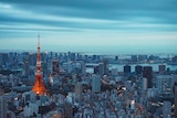 日本城市天际线中的东京塔 