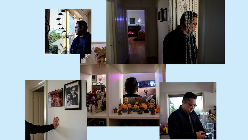 A collage of Alain at home.