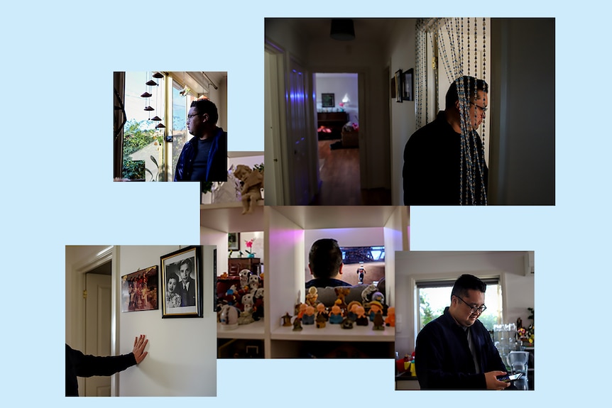 A collage of Alain at home.