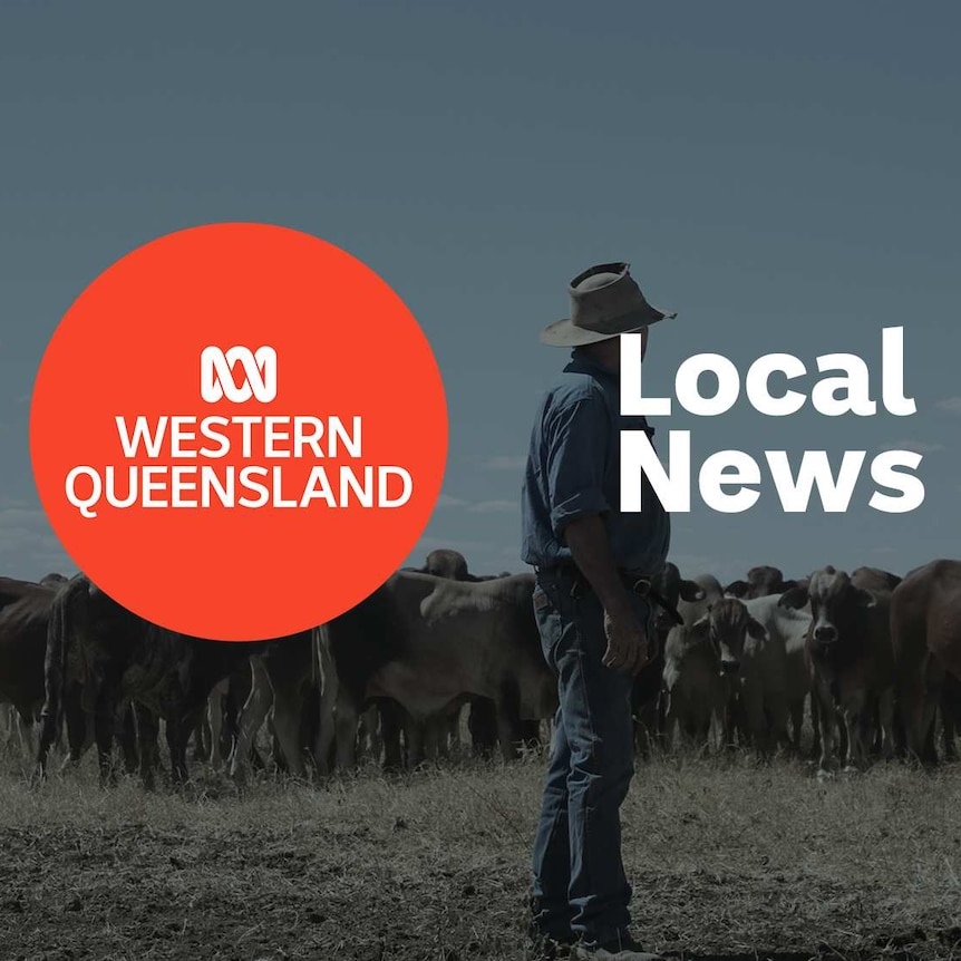 A farmer standing in front of a herd of cattle; ABC Western Qld and Local News superimposed over the top.