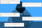 An illustration of a hooded figure at a laptop with whatsapp messages overlaid