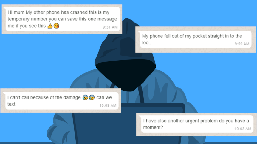 An illustration of a hooded figure at a laptop with whatsapp messages overlaid