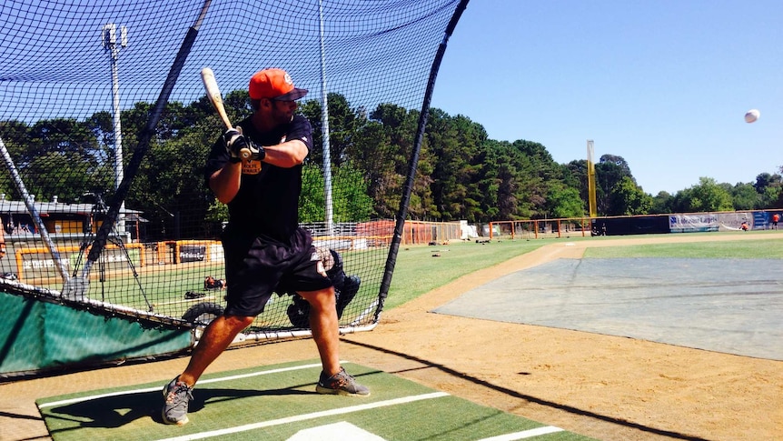 Third baseman for the Canberra Cavalry Jeremy Barnes at Narrabundah Ball Park.