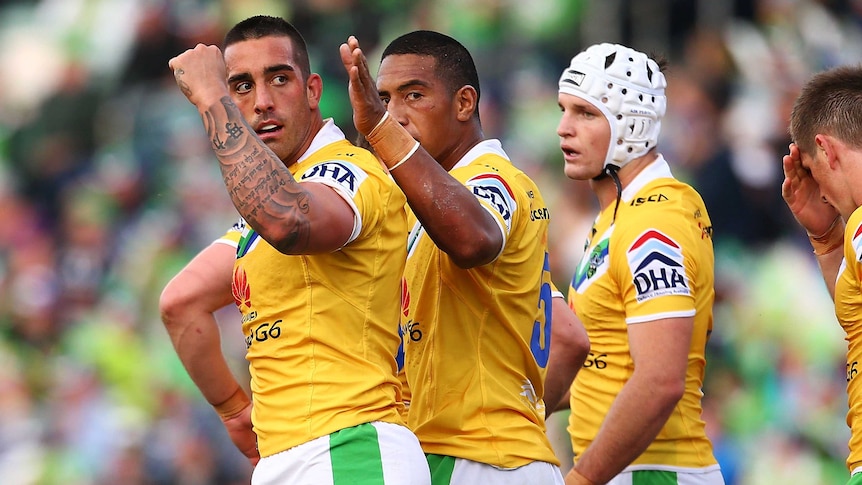 Paul Vaughan celebrates a Raiders try