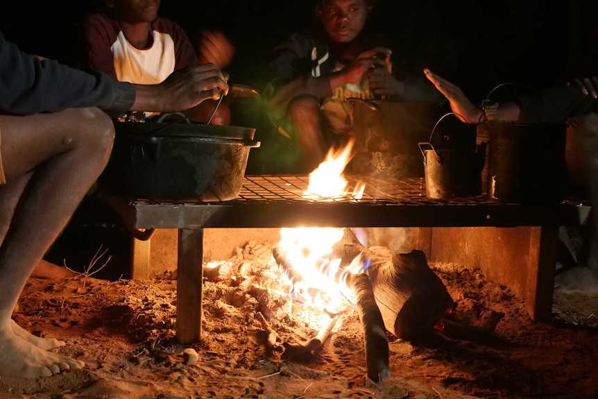 Boys are sitting around a campfire on Seven Emu Station.