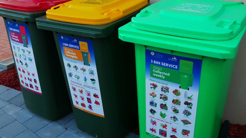 A red bin, a yellow bin and a green bin