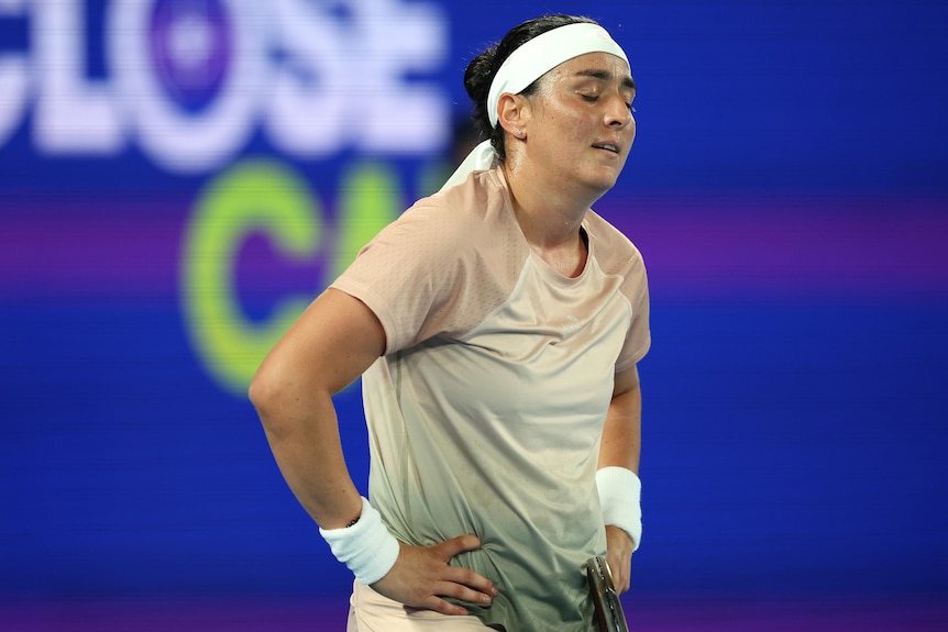 Ons Jabeur looks frustrated during a match at the 2024 Australian Open.