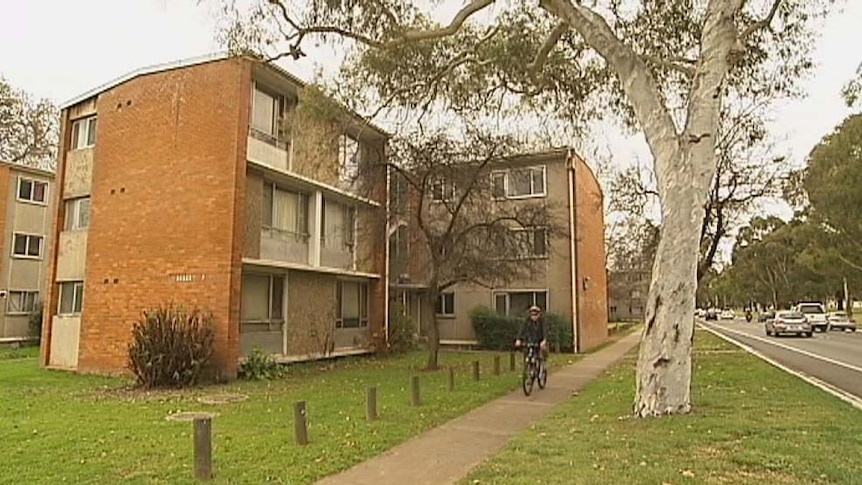 Video still: ACT public housing complex called Northbourne Flats looking rundown July 2012