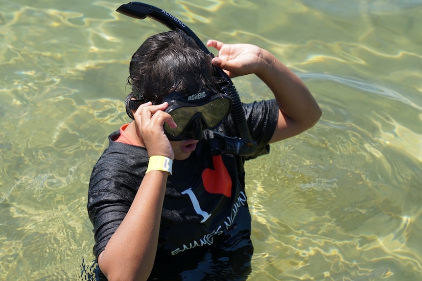 A boy in the water wearing a mask and snorkel.