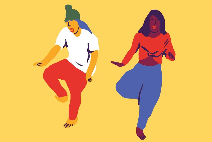 A drawing of two women dancing one with yellow skin and one with brown skin