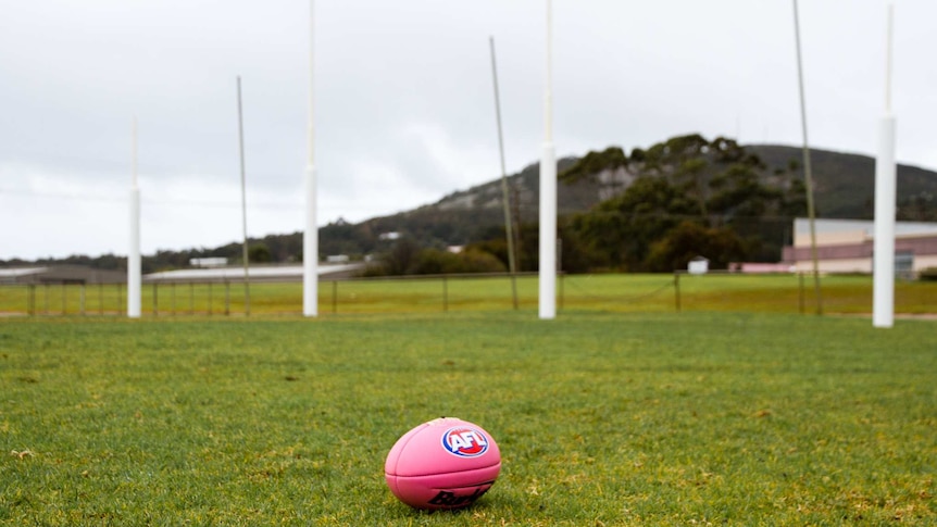 A pink AFL football on a grassed oval in front of the goal posts