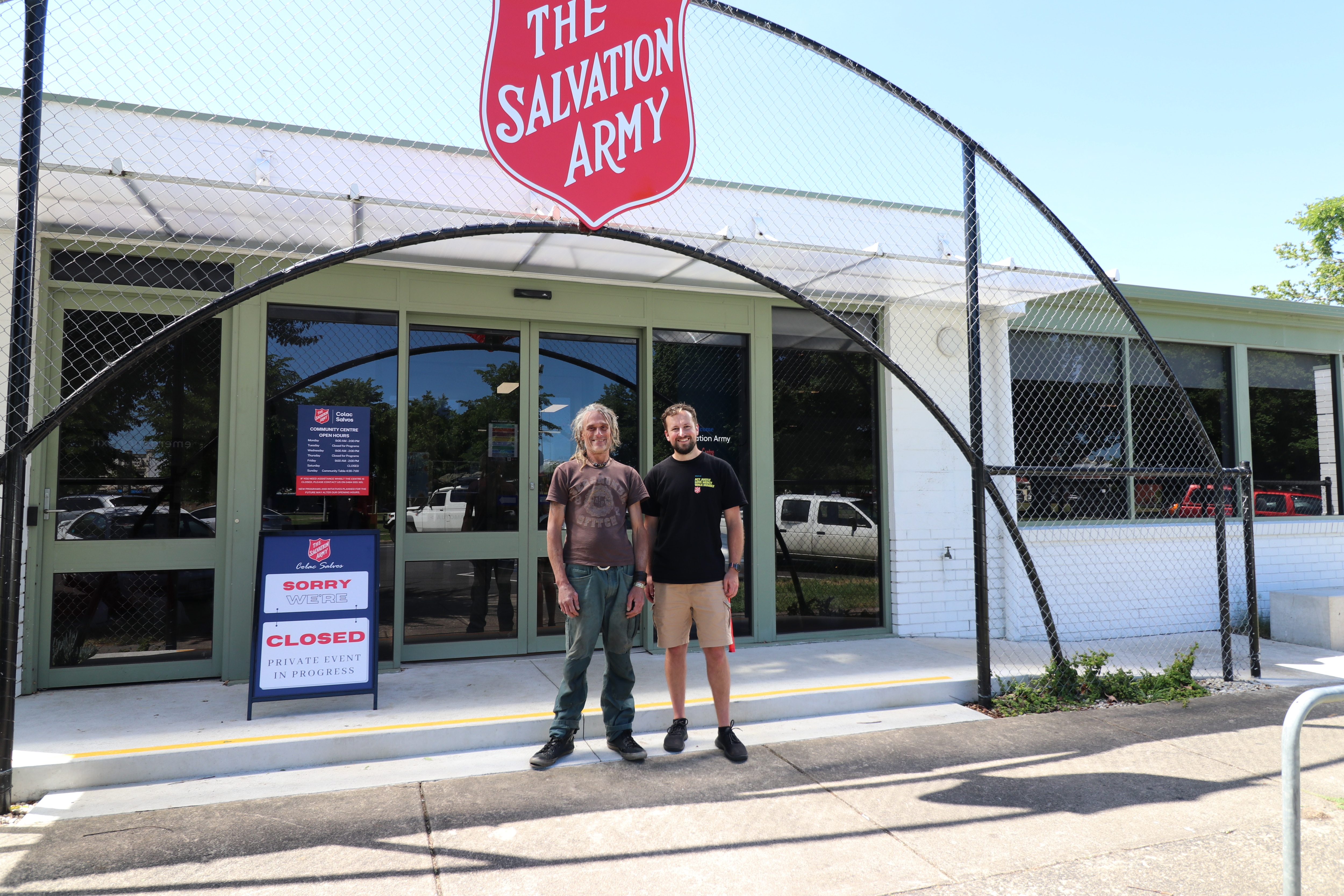 Two men stand out front Colac Salvation Army