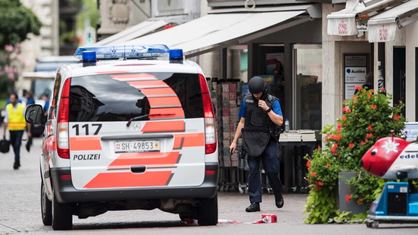The police investigate in the old town of Schaffhausen in Switzerland.