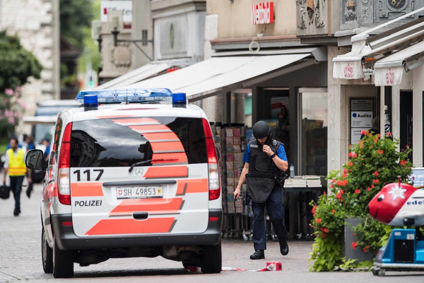The police investigate in the old town of Schaffhausen in Switzerland.