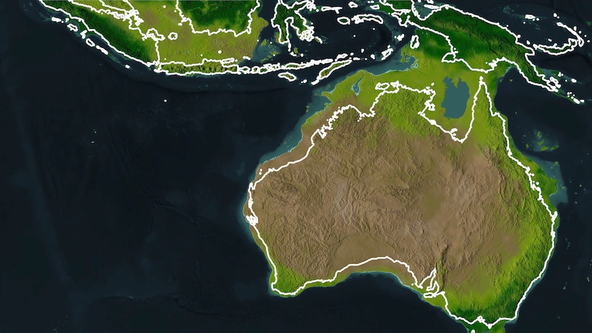 A map of an ancient mega-continent showing a land bridge between Australia and Papua New Guinea.
