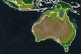 A map of an ancient mega-continent showing a land bridge between Australia and Papua New Guinea.