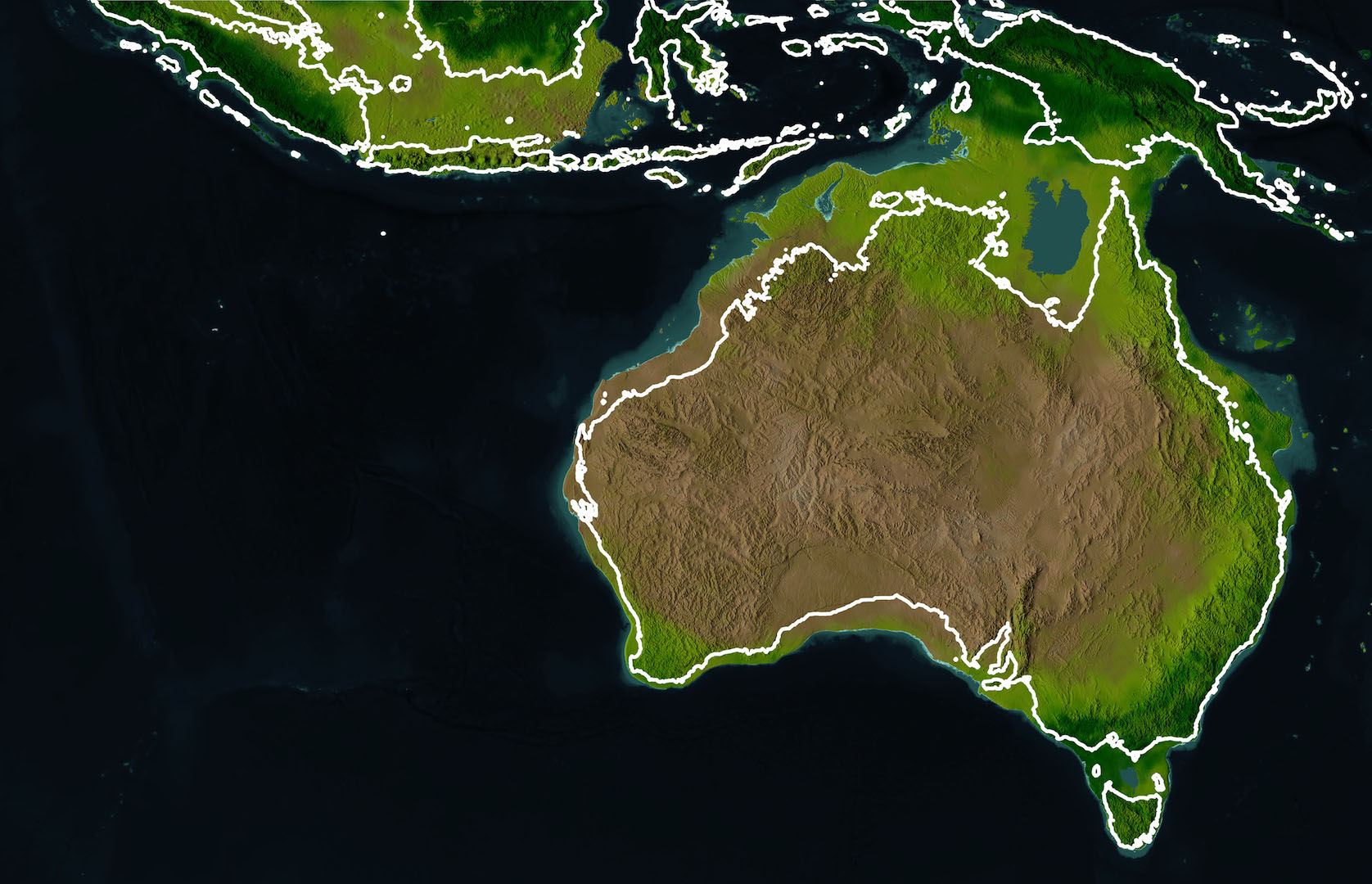 一张古老的巨型大陆地图，显示了澳大利亚和巴布亚新几内亚之间的陆桥。