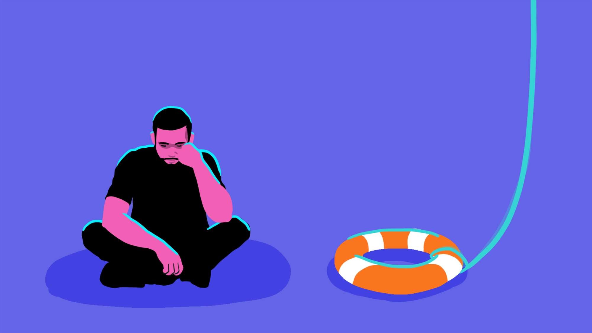 Illustration of a dejected man ignoring a ship's lifesaver to depict the difficulty some suicidal  people have asking for help