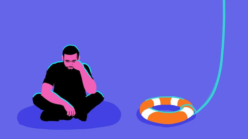 Illustration of a dejected man ignoring a ship's lifesaver to depict the difficulty some suicidal people have asking for help