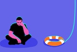 Illustration of a dejected man ignoring a ship's lifesaver to depict the difficulty some suicidal  people have asking for help