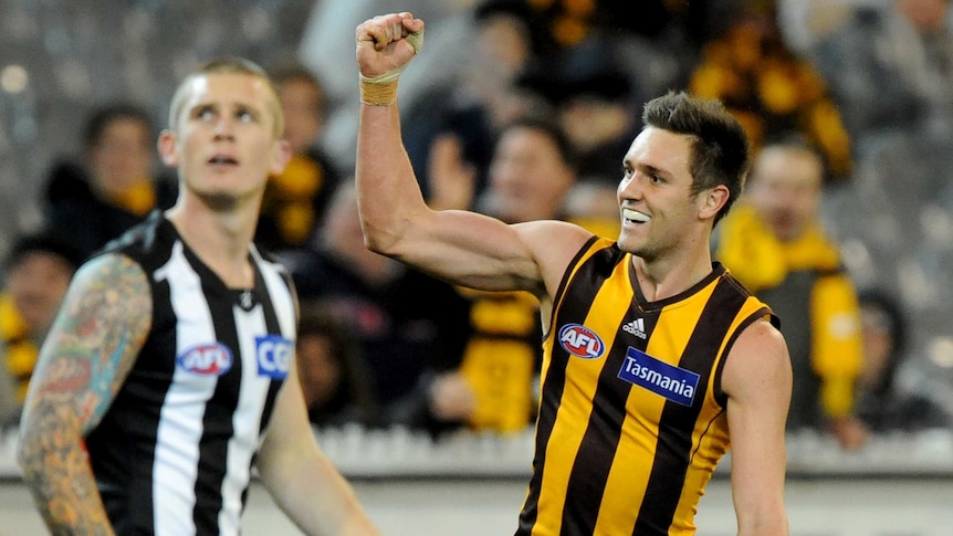 Hawthorn's Jack Gunston celebrates a goal against Collingwood in round 21, 2013 at the MCG.