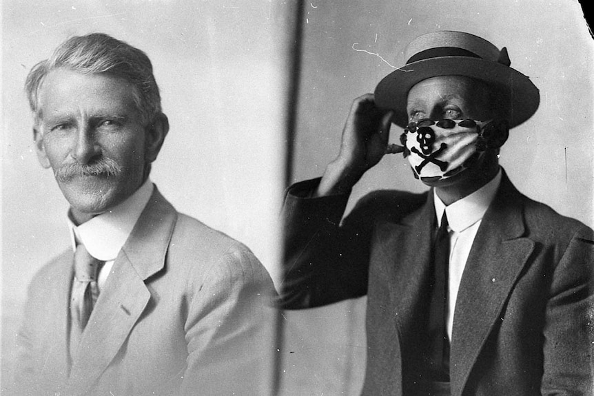 A composite black and white image showing a smiling man and a man wearing a skull-and-crossbones mask and boater hat.