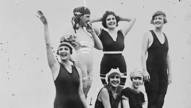 An old photo women in knee-length swimming costumes