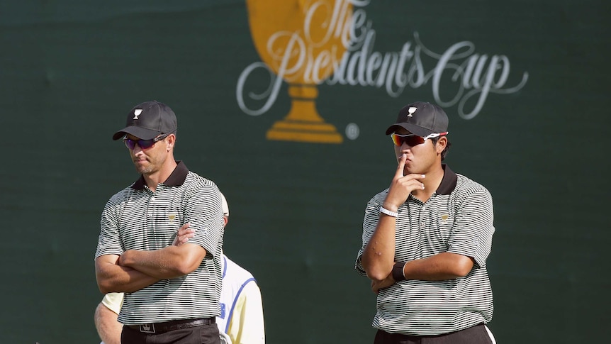 Adam Scott looks on during the Presidents Cup