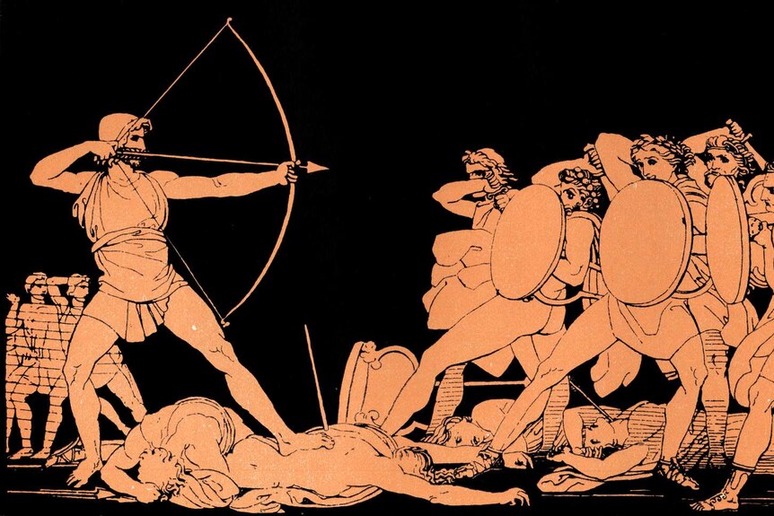 Odysseus killing the suitors of his wife Penelope on the island of Ithaca.