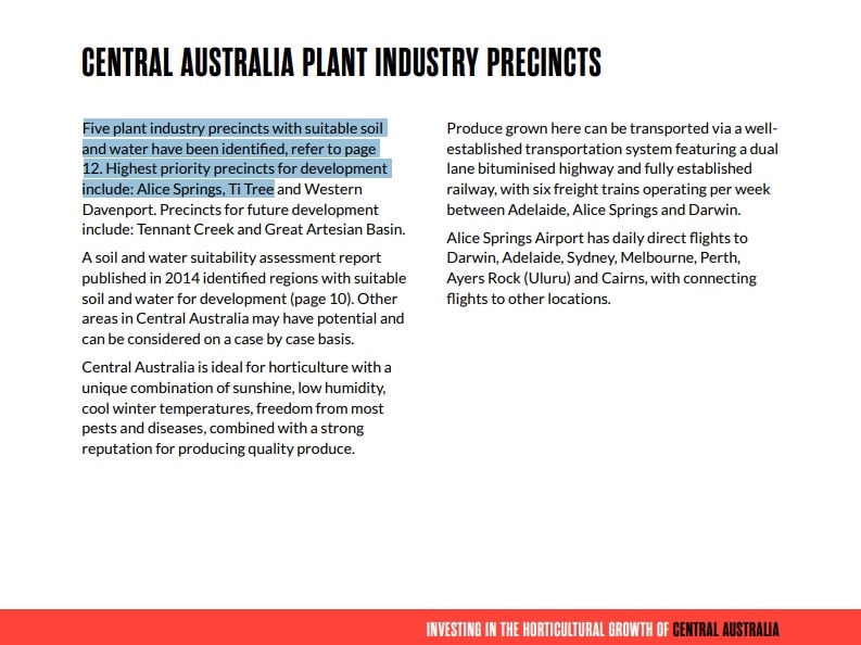 Screen shot of NT Government document relating to water opportunities at Ti Tree